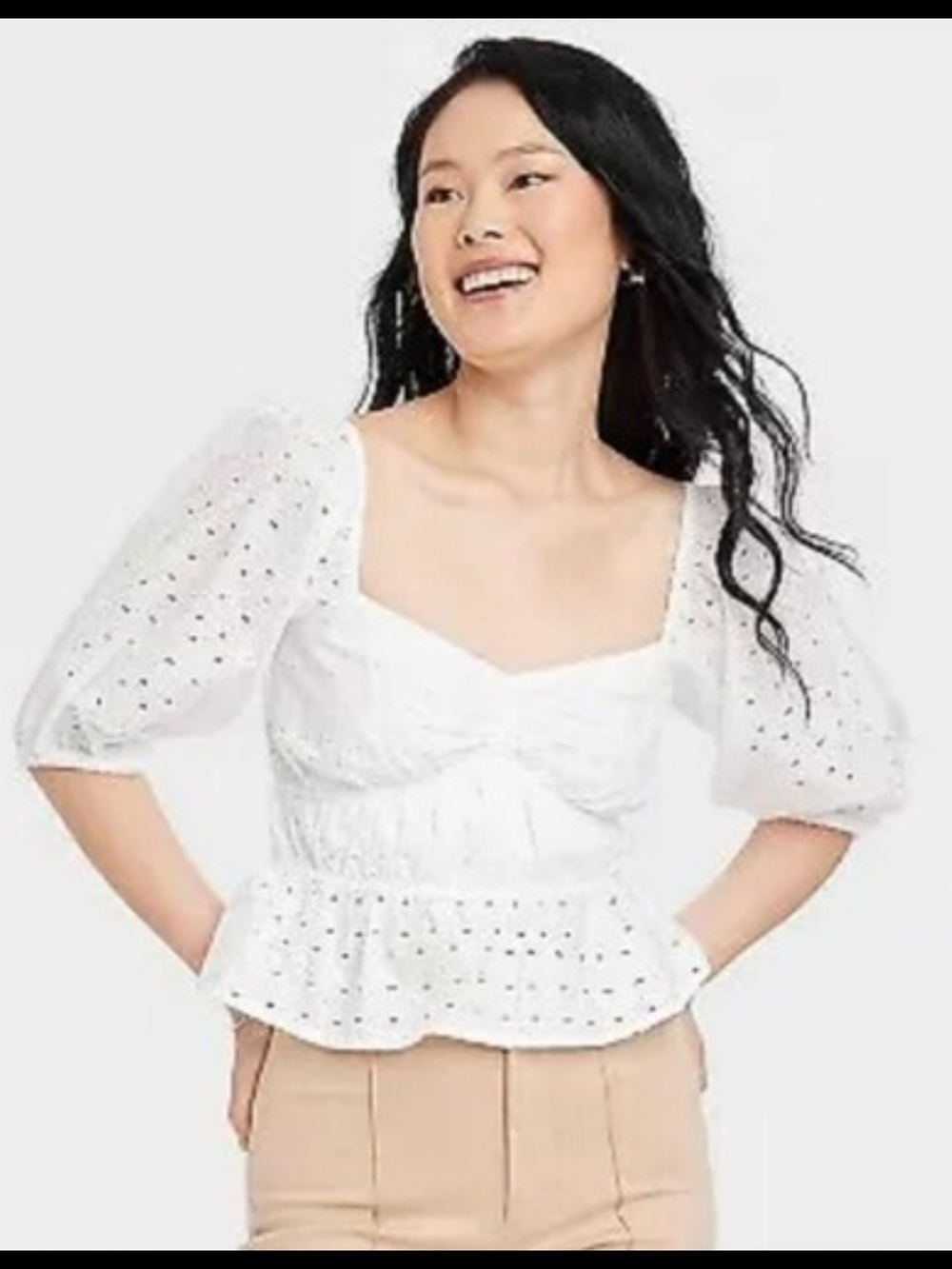A New Day White Eyelet Puff Sleeve Crop Top Peplum Blouse Medium M Sweetheart